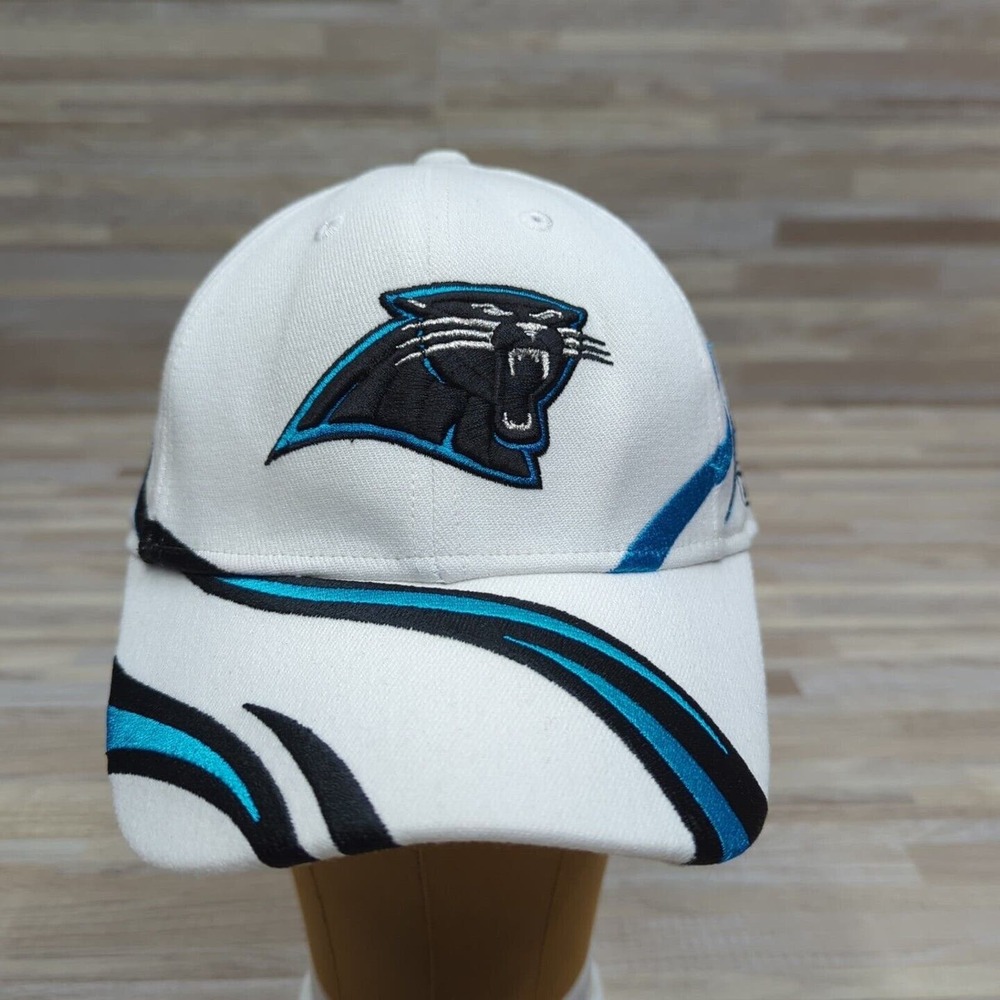 Carolina Panthers White W/ Blue Swirl Logo Flex Fitted Hat Reebok NFL